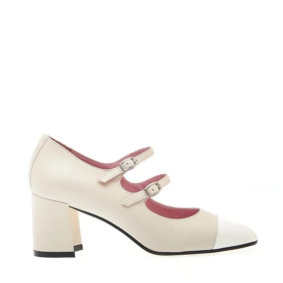 decoltè tacco 70 mm cinturini pelle beige punta vernice bianca