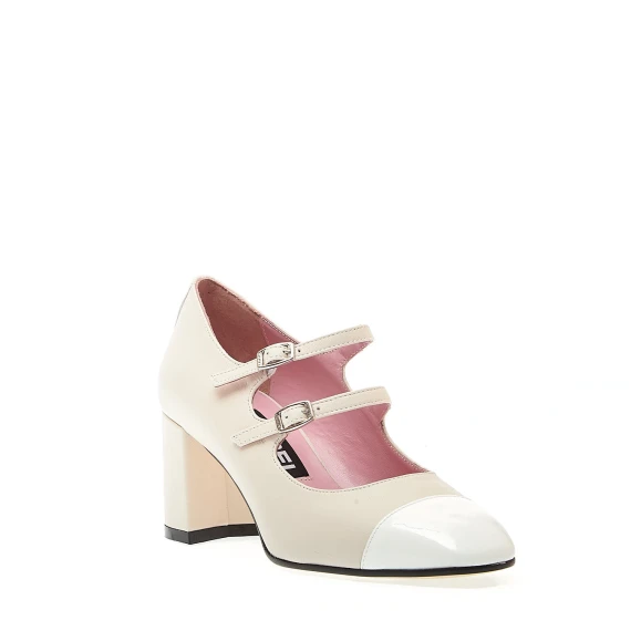 decoltè tacco 70 mm cinturini pelle beige punta vernice bianca