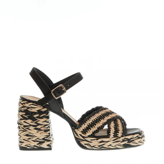 sandalo raffia beige e nero tacco 80 mm