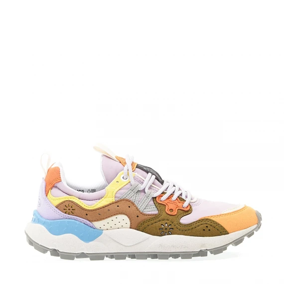 sneakers tessuto lilla, camoscio verde e arancione