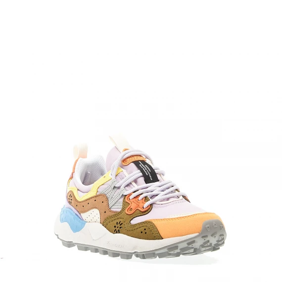 sneakers tessuto lilla, camoscio verde e arancione