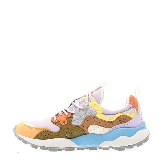 sneakers tessuto lilla, camoscio verde e arancione