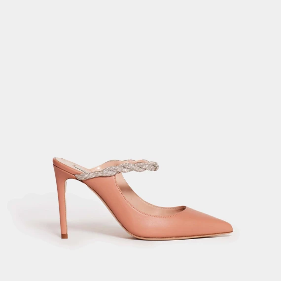 mule in pelle nude con cinturino strass tacco 90 mm