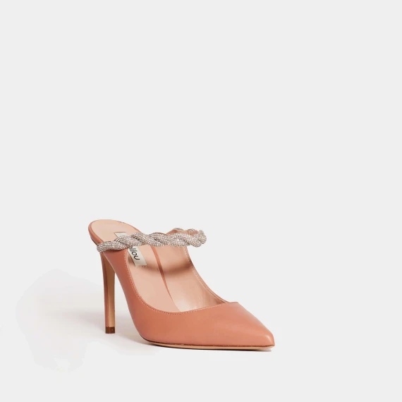 mule in pelle nude con cinturino strass tacco 90 mm
