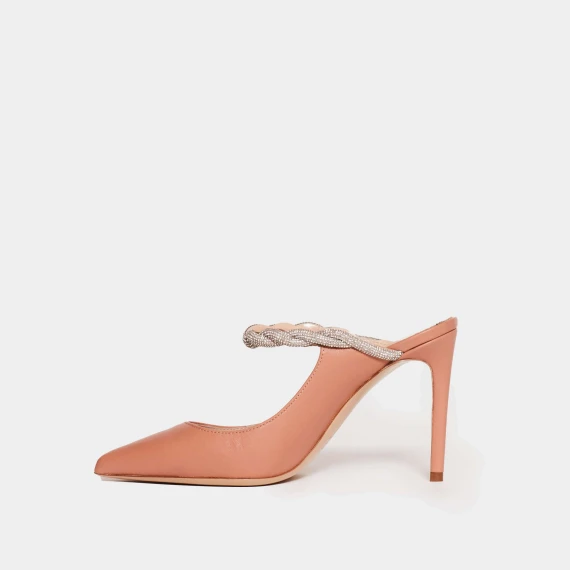 mule in pelle nude con cinturino strass tacco 90 mm