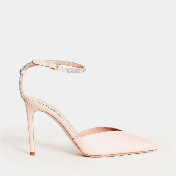 slingback pelle rosa con cinturino strass t 90 mm