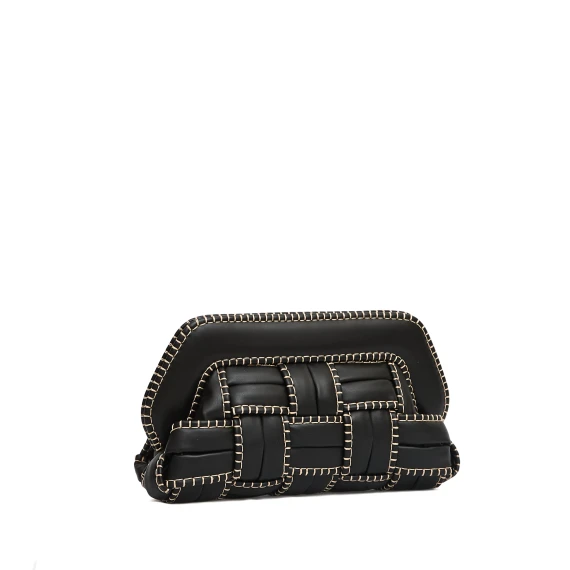 clutch grande nera intreccio con impunture beige