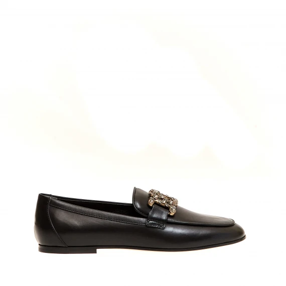 mocassino pelle nero fibbia strass