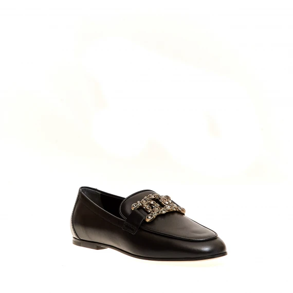 mocassino pelle nero fibbia strass