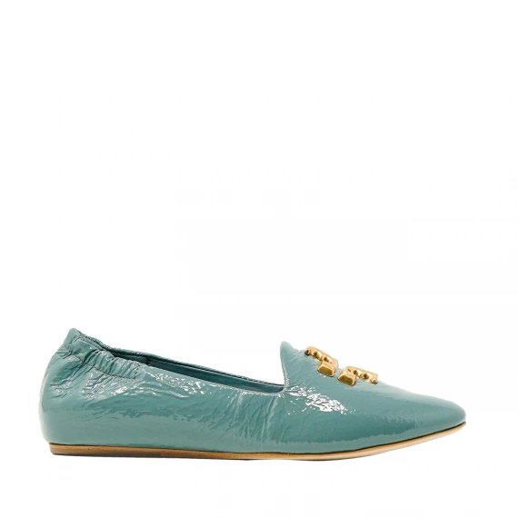 pantofola in vernice azzurra con logo oro